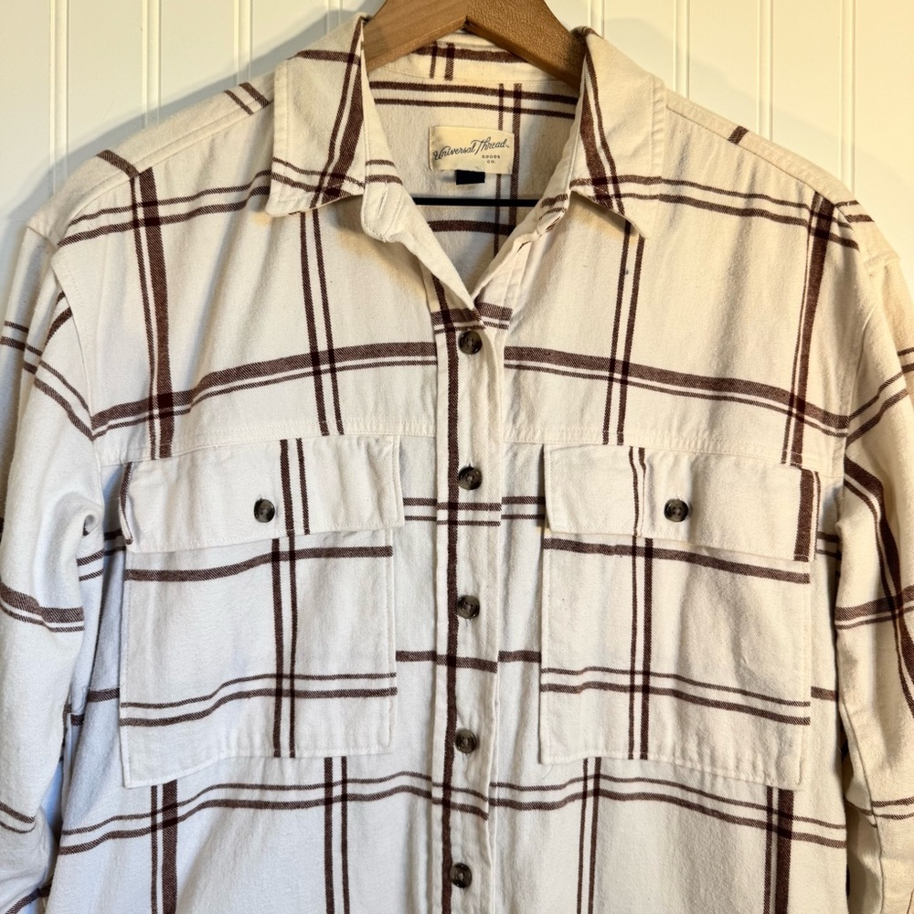 Universal Threads White & Brown Plaid Button Down Shirt Dress 100% Cotton Size S - Picture 4 of 13